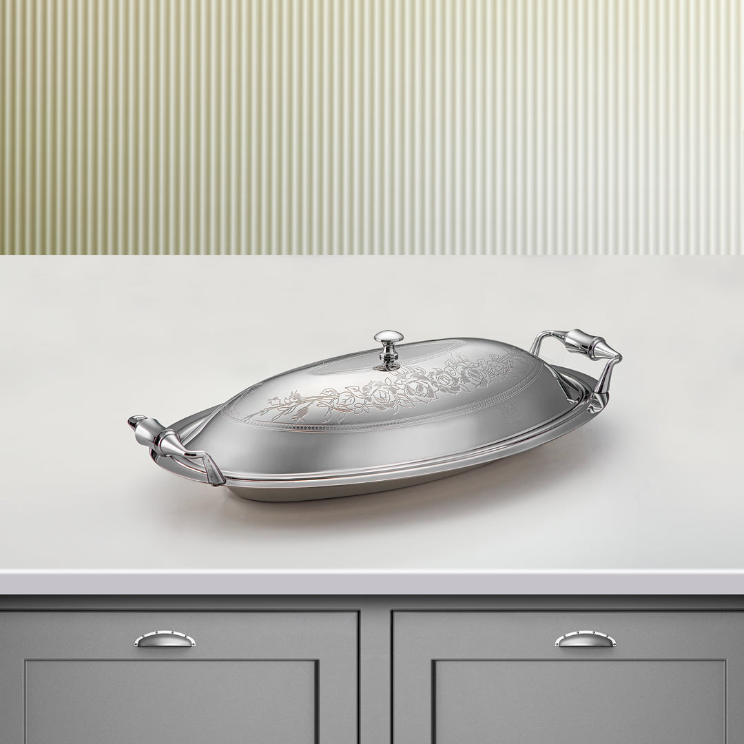 Almarjan 40 CM Lea Collection Stainless Steel Oval Serving Tray With Cover Silver - STS2051272