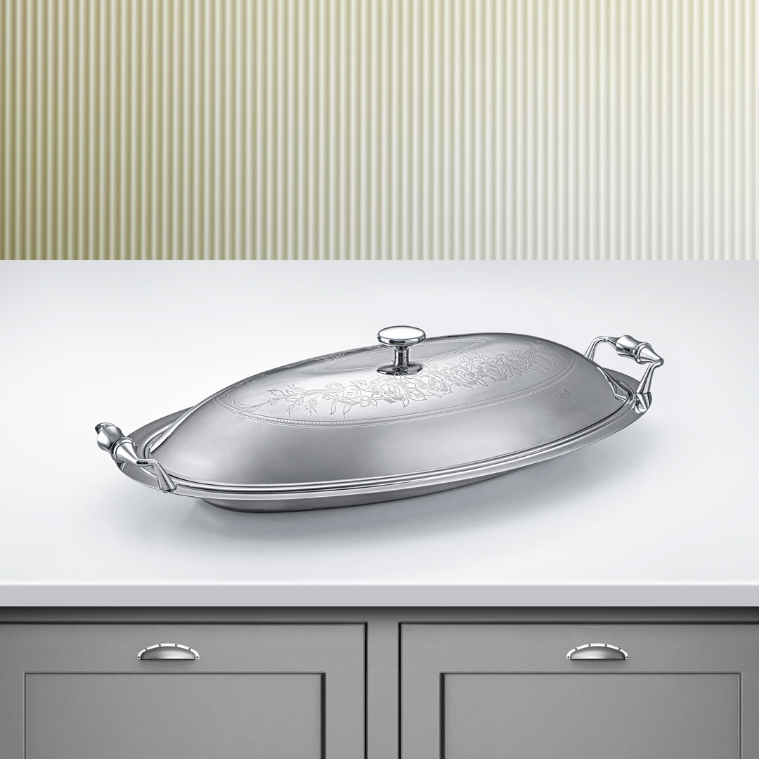 Almarjan 50 CM Lea Collection Stainless Steel Oval Serving Tray With Cover Silver - STS2051274