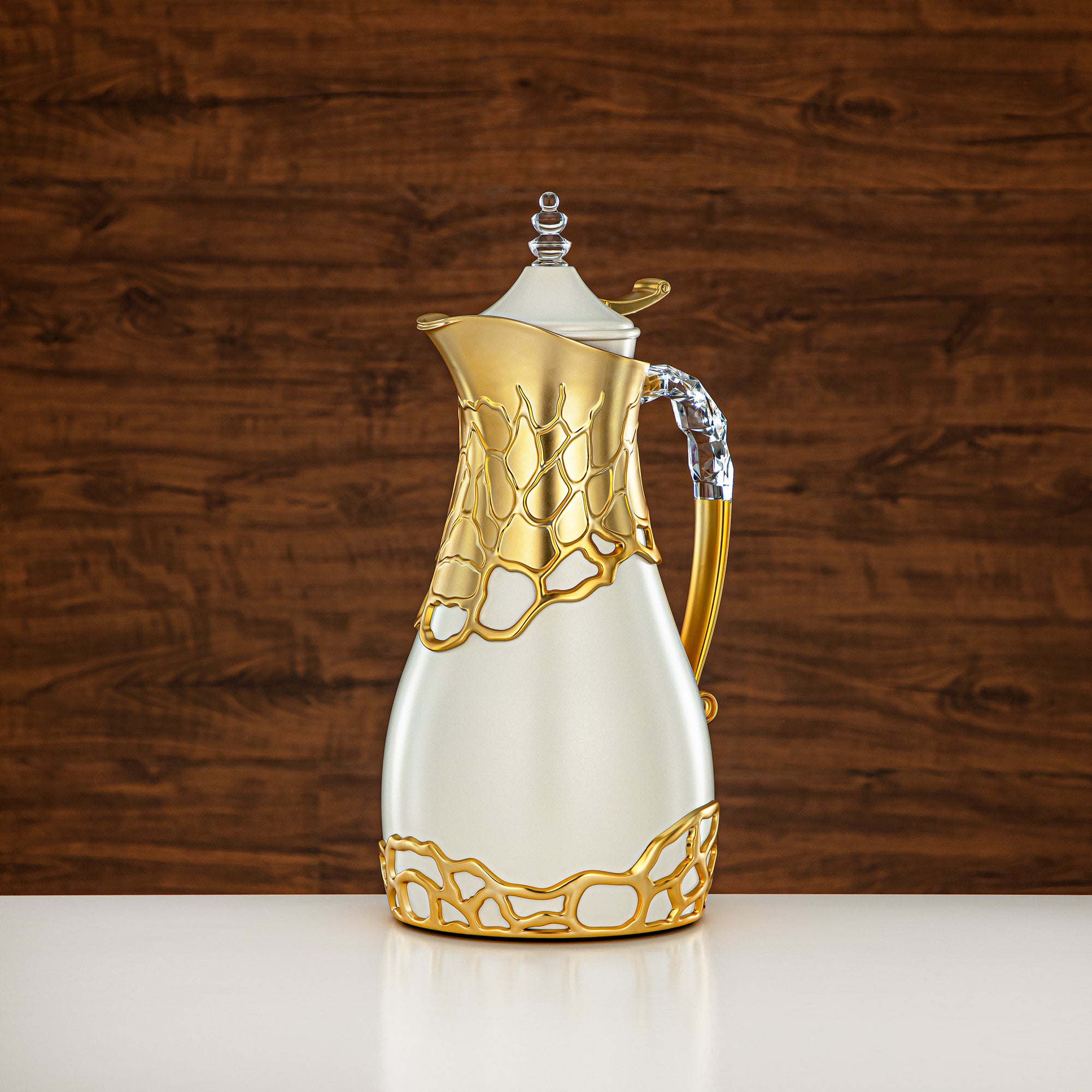 Almarjan Vacuum Flask Set Metal Body 0.7L & 1L ABS & Acrylic Handle (VBC-0700/1000 Q330YZE22) – Ivory & Matte Gold Tea & Coffee Serving