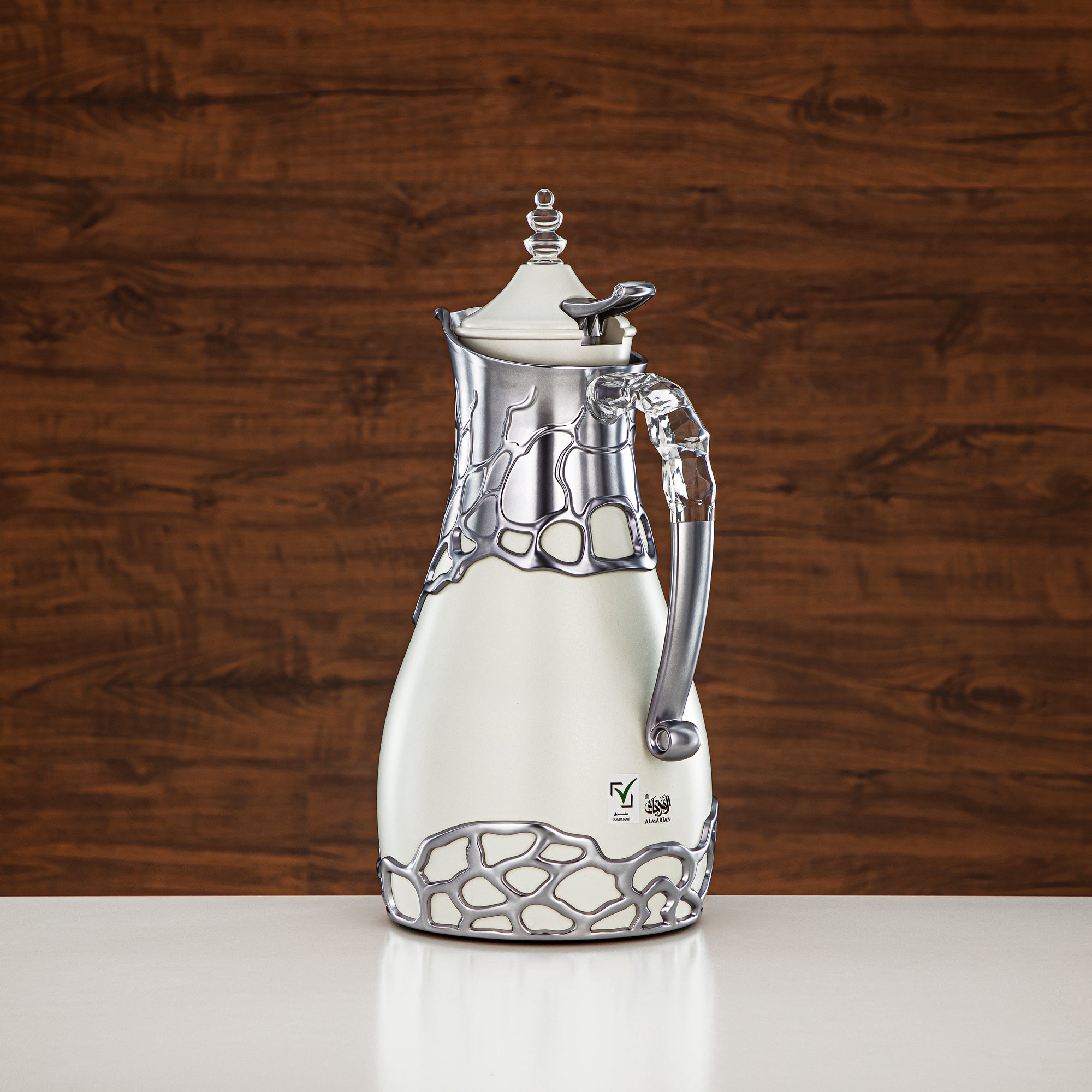 Almarjan Vacuum Flask Set Metal Body 0.7L & 1L ABS & Acrylic Handle (VBC-0700/1000 Q330YZE23) – Ivory & Matte Silver Tea & Coffee Serving