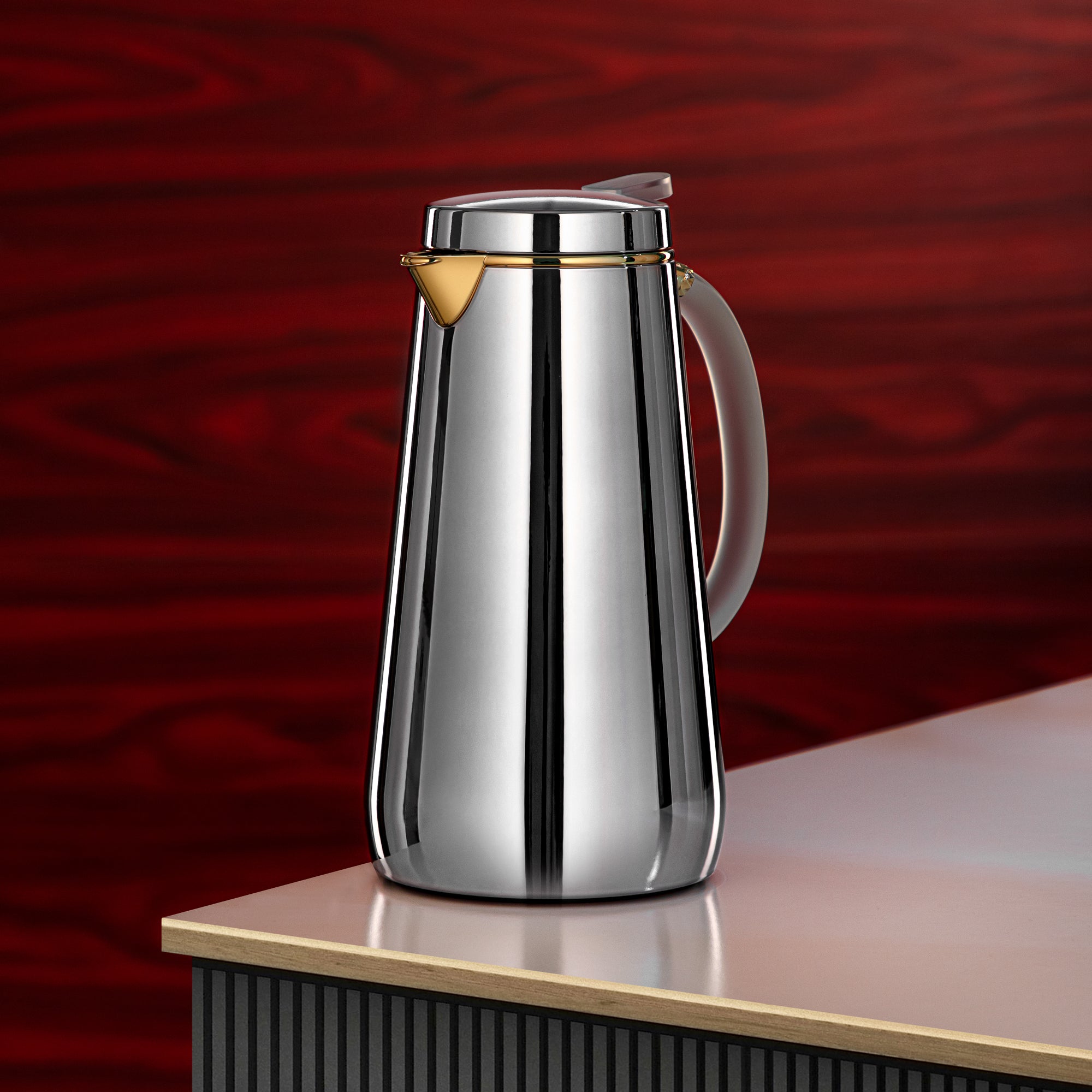 Almarjan Vacuum Flask Metal 1 Liter Silver with Golden Spout & Frost Handle (VOP-1000 CC95Y15) – Elegant Serving | Ramadan & Gatherings