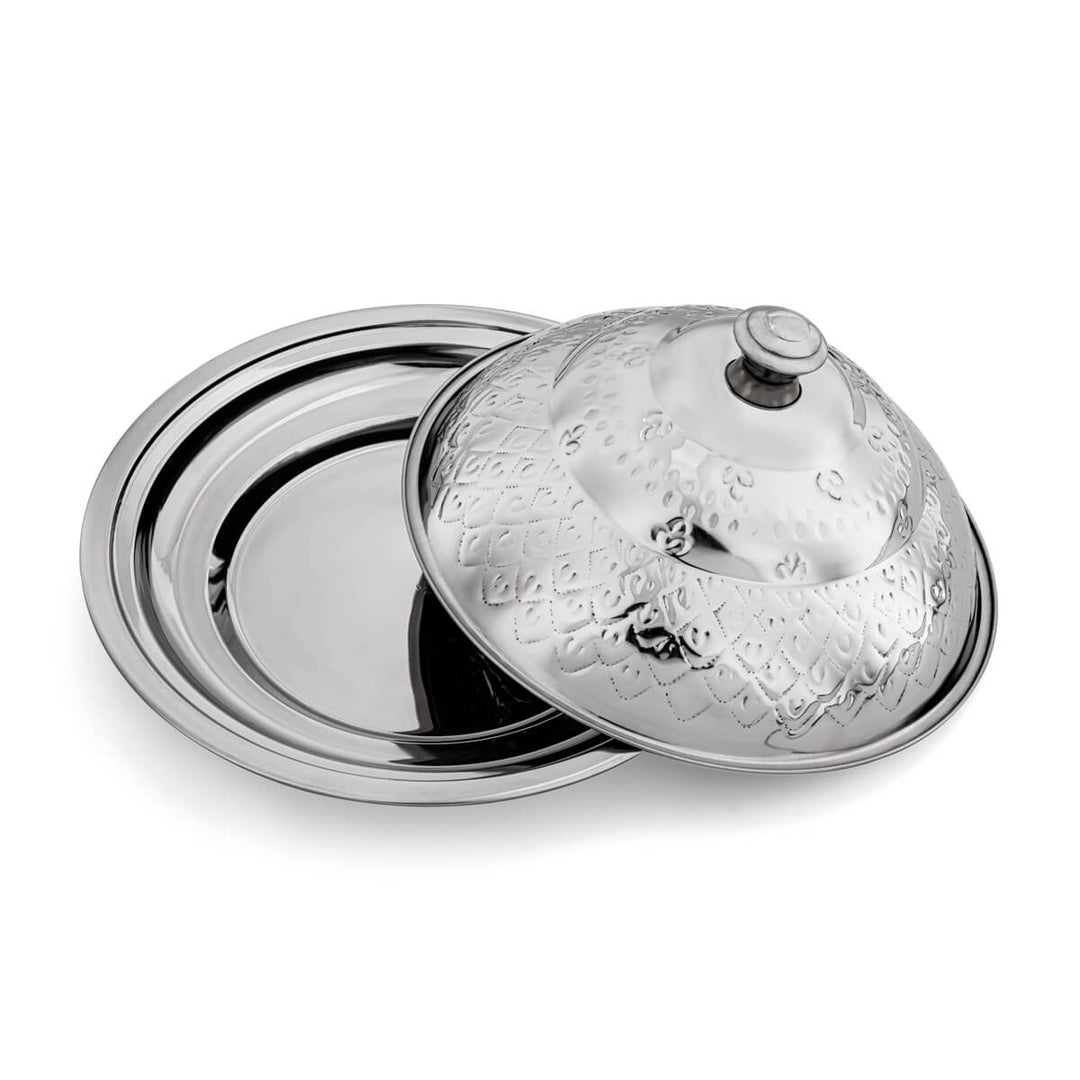 ALMARJAN 35 CM Roy Collection Round Stainless Steel Koozy Tray With Cover Silver STS0292330