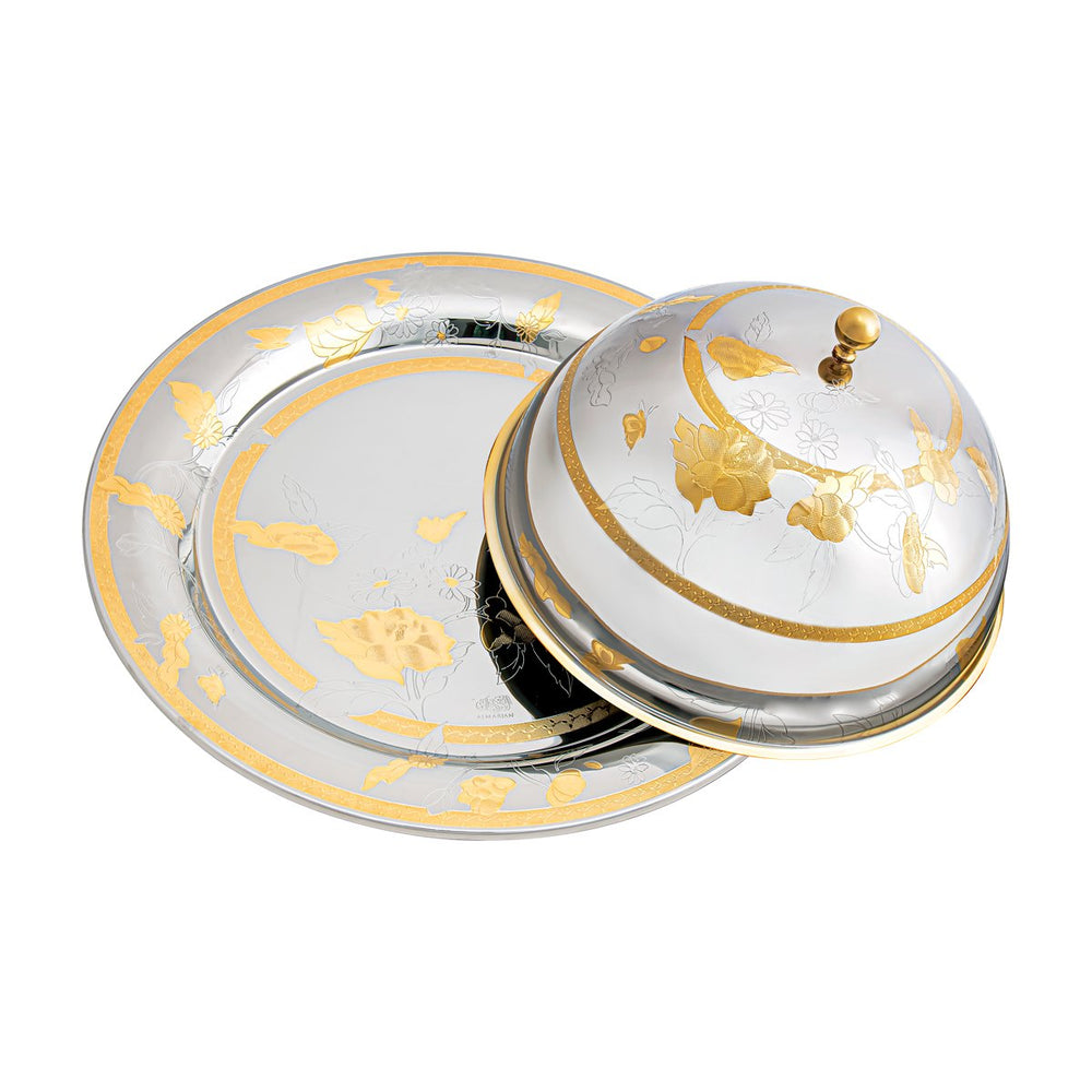Almarjan 38 CM Flowers Collection Stainless Steel Round Serving Tray with Cover - STS2051112