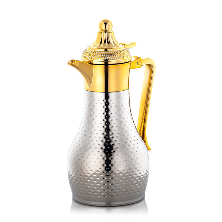Almarjan 0.6 Liter Stainless Steel Double Wal Hammered Collection Vacuum Tea Dallah Silver & Gold - SUT/H-060-CRG